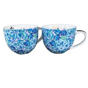 Lilly Pulitzer High Maintenance Round Coffee Mug Set 12 Oz Bright Blue Floral
